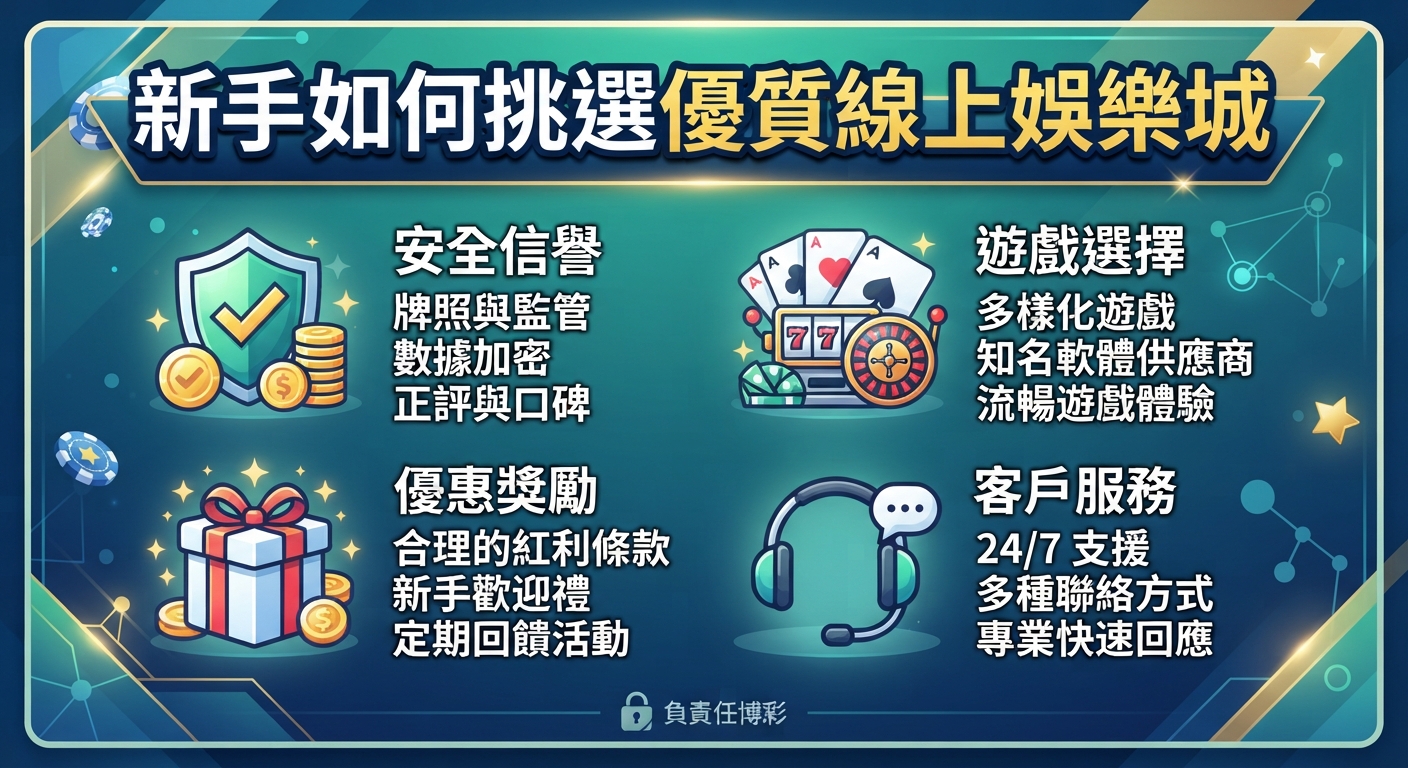 這是一張指導新手如何挑選優質線上娛樂城的資訊圖表。 圖片以藍綠色為主調,頂部醒目地標示著主題標題。