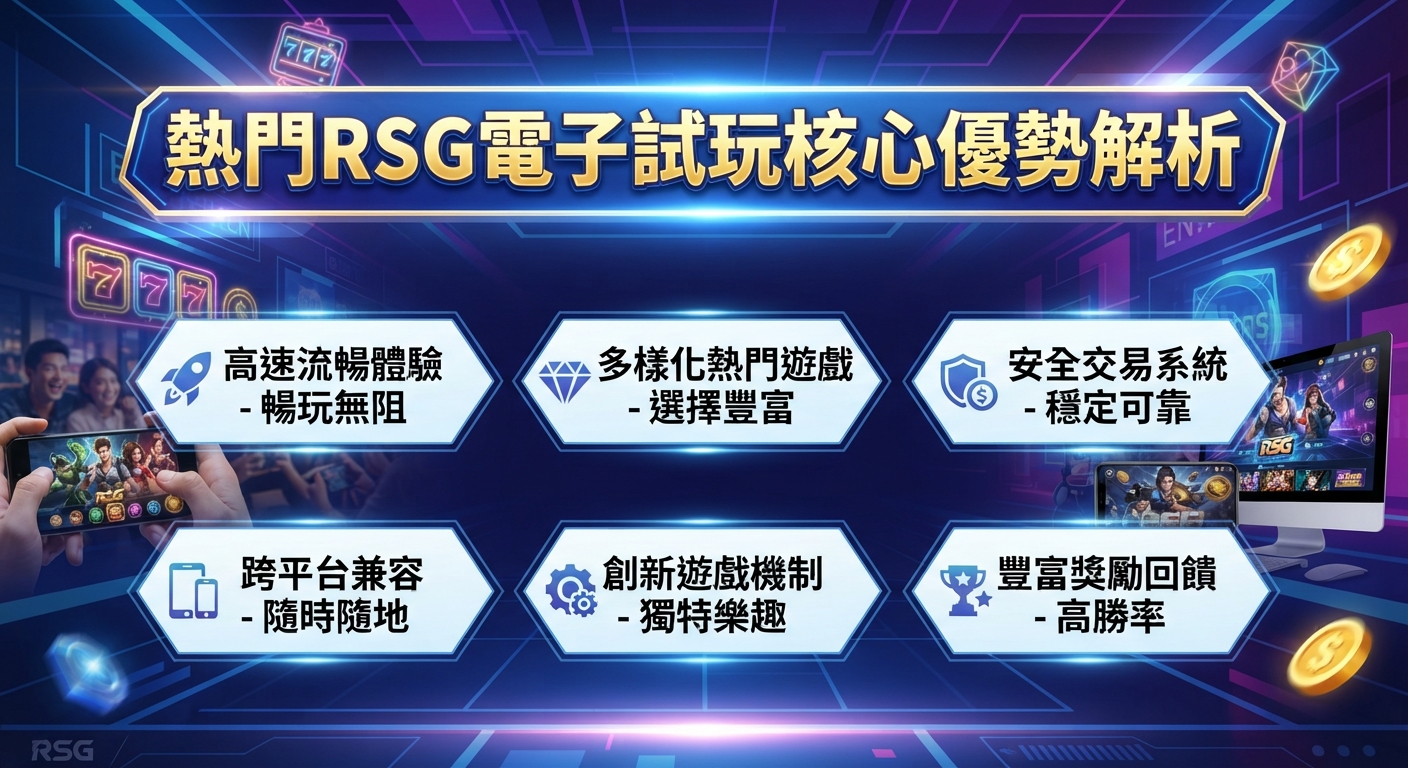 這張圖片展示了「熱門RSG電子試玩核心優勢解析」的主題。 背景採用科技感十足的藍紫色調,並列出六個核心優勢的標籤。