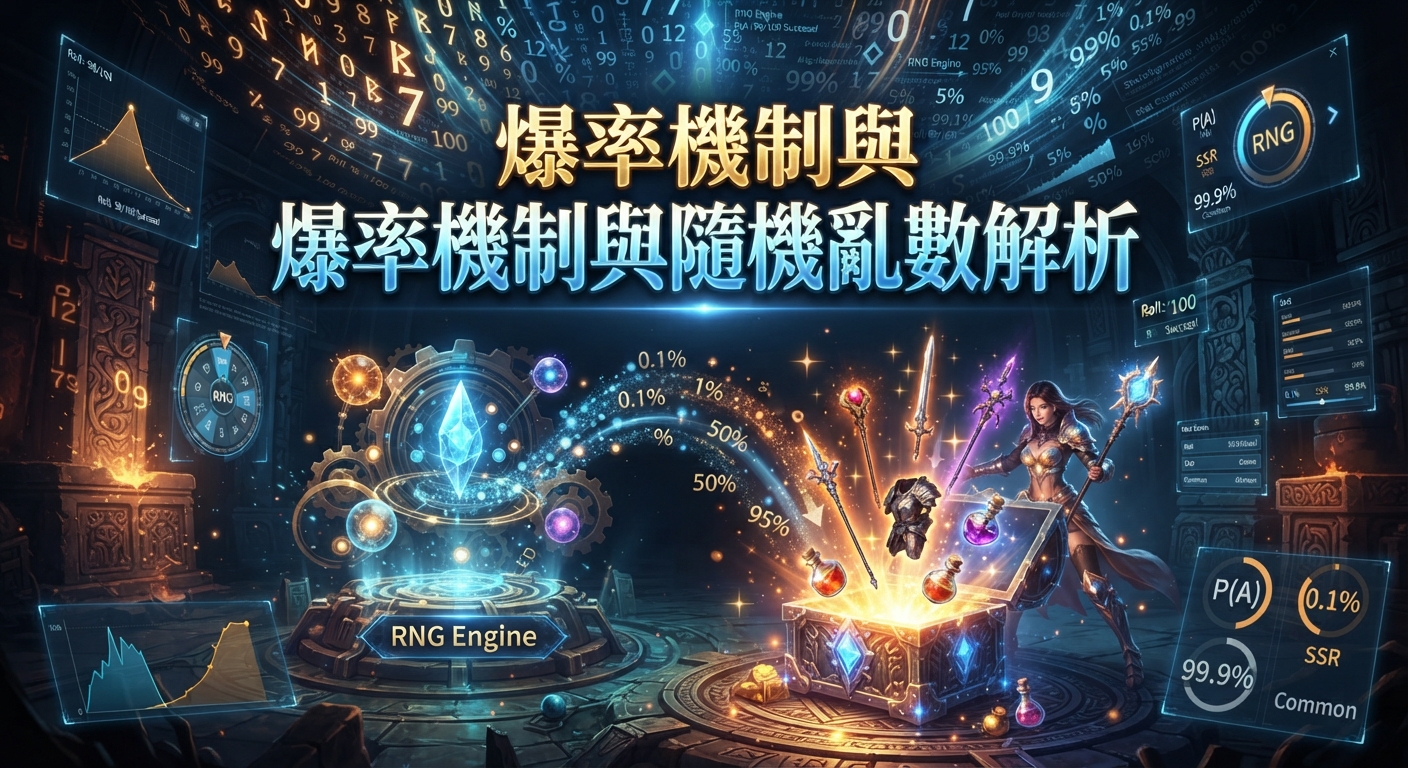 這是一張結合奇幻遊戲寶箱與科技數據流的圖像，完美呈現隨機亂數與掉落率解析的神秘氛圍。 畫面正上方醒目地顯示著「爆率機制與隨機亂數解析」的繁體中文標題。