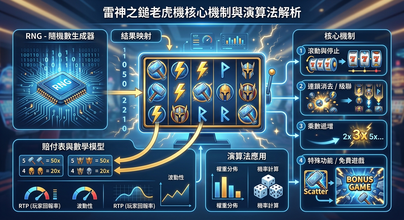 這幅圖解詳細呈現了「雷神之鎚」老虎機的核心運作流程,涵蓋隨機數生成器(RNG)、結果映射與賠付表等技術架構。 畫面透過清晰的流程圖與數據圖表,直觀解析了滾動消除、乘數遞增及免費遊戲等核心機制與演算法應用。