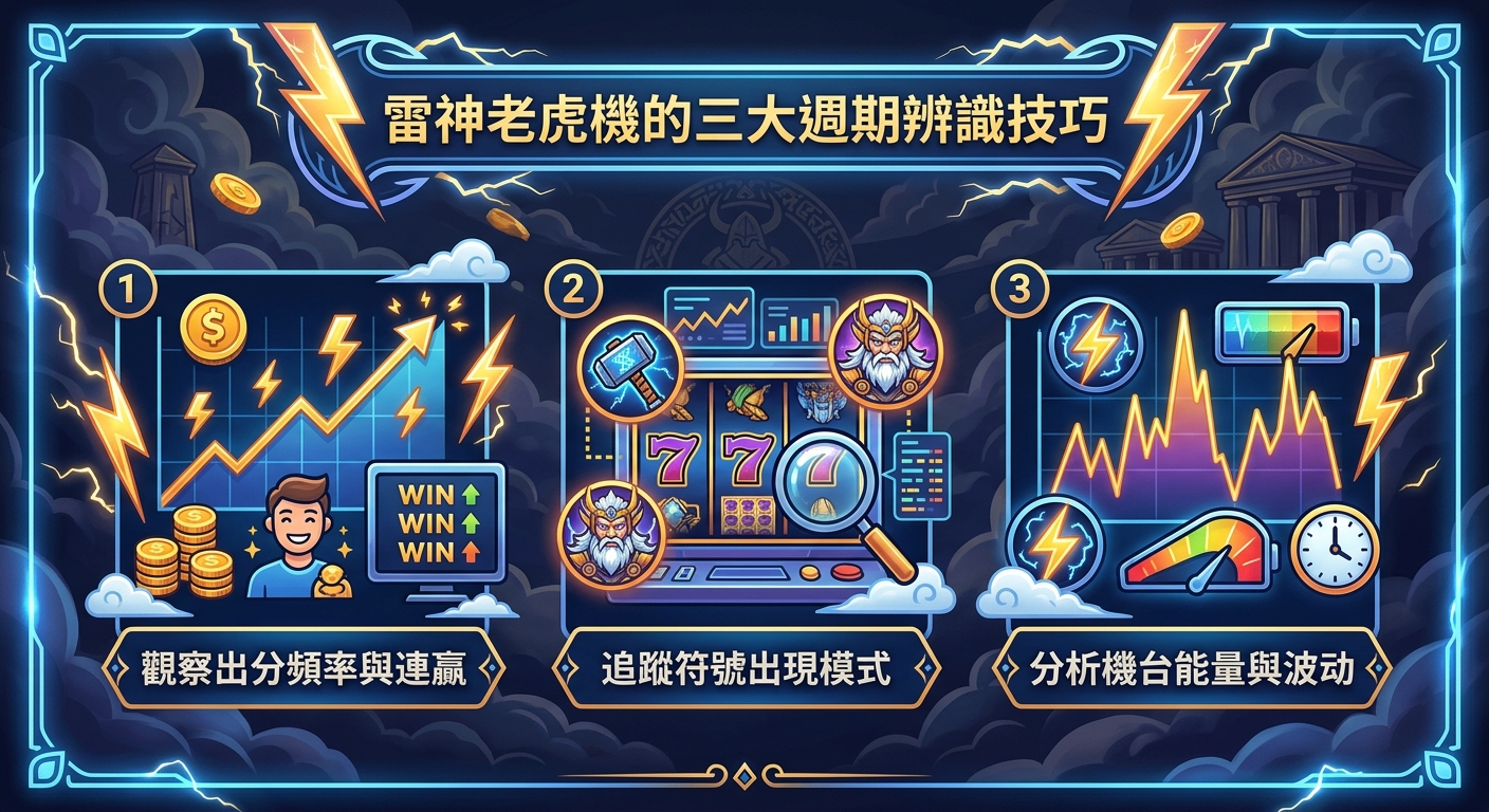 這張圖像是以雷神老虎機為主題的數位指南卡片,整體採用科技感的藍色調與電光特效點綴。 畫面上方標有「雷神老虎機的三大週期辨識技巧」標題,底下分為三個圖示區塊,展示觀察出分頻率、符號模式及機台能量波動的技巧。