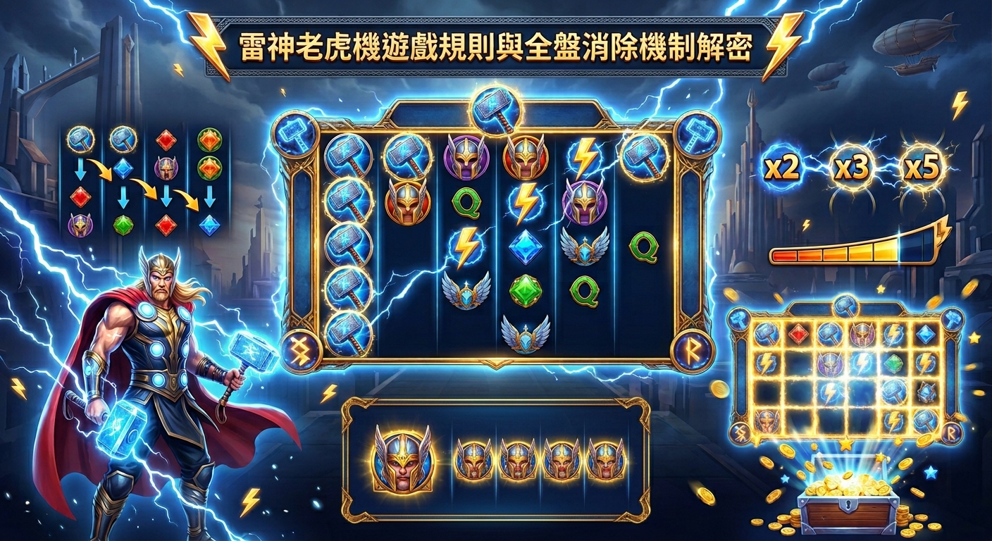 這是一張雷神索爾主題的電子老虎機遊戲介面圖,英姿颯爽的雷神手持神鎚守護在旁。 畫面展示了核心滾輪、乘數倍率(x2、x3、x5)、連鎖消除和全盤消除機制,詳細解密遊戲規則。