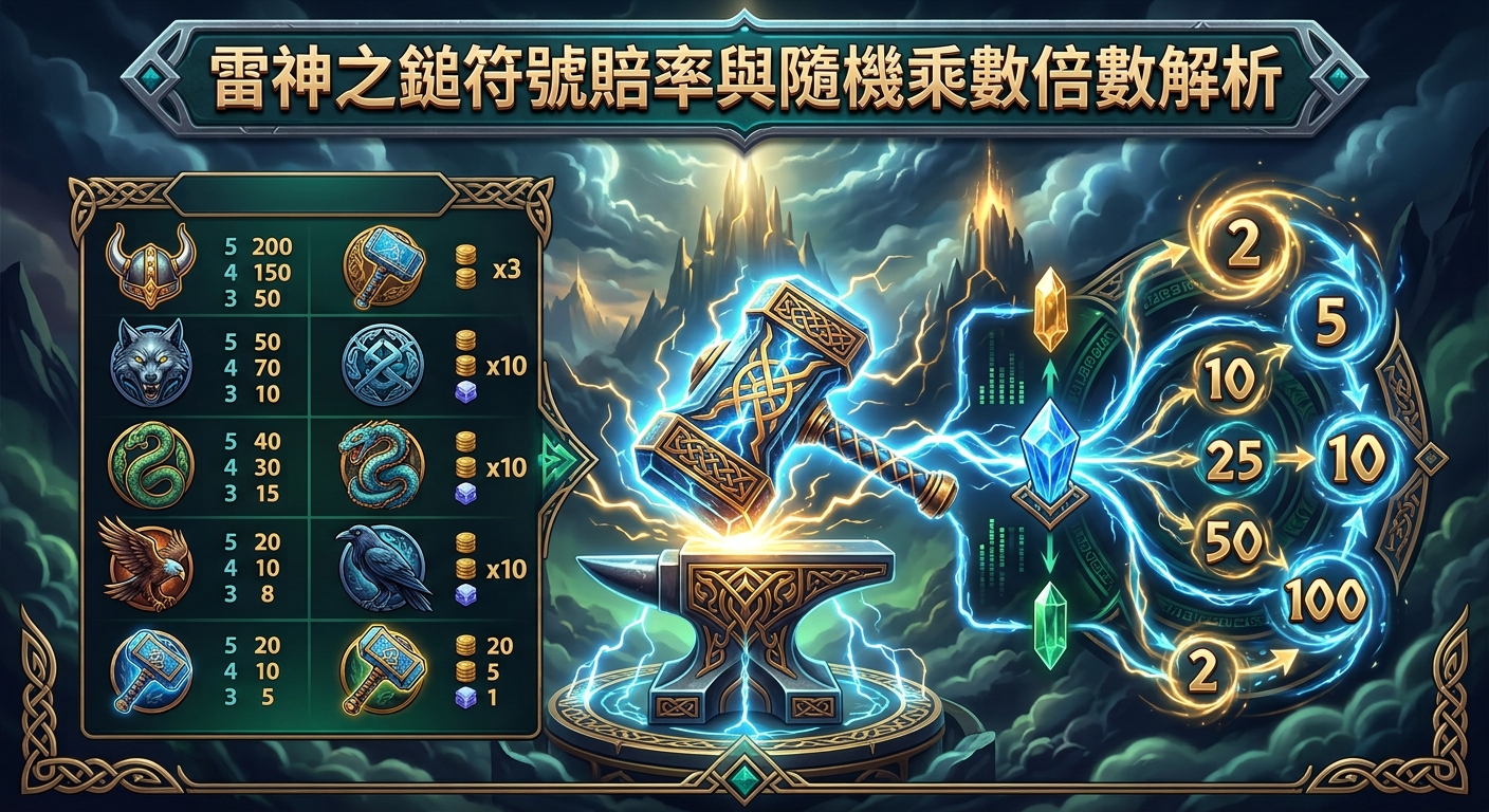 這張圖片以「雷神之鎚符號賠率與隨機乘數倍數解析」為標題,中央展示了一把閃耀著雷電的雷神之鎚擊打在鐵砧上。 畫面兩側詳細列出了不同北歐神話符號的遊戲賠率表,以及充滿魔法光芒的隨機乘數倍數(如10、50、100)分支路徑。