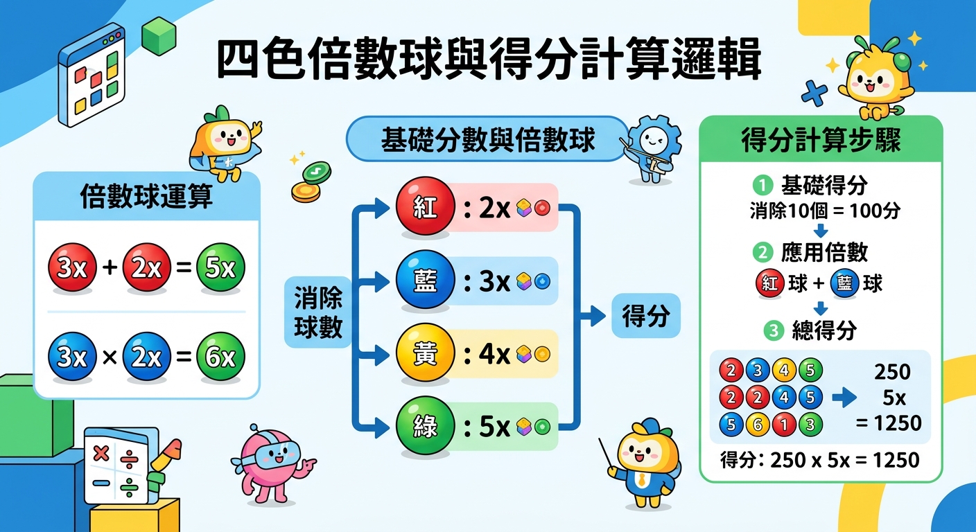 這張圖以活潑的卡通風格展示「四色倍數球與得分計算邏輯」,圖中包含紅、藍、黃、綠四種顏色的倍數球圖示。 畫面上運用清晰的流程圖與數學算式,一步步解析不同顏色倍數球的累積與最終得分計算過程。