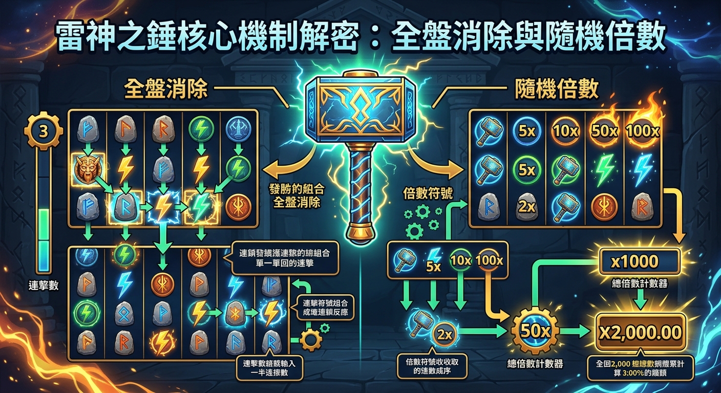 這張圖解以神話風格呈現「雷神之錘」遊戲機制,中央為發光的雷神之鎚,左側展示全盤消除與連擊落下的過程。 右側顯示隨機倍數符號與累積計算,清晰拆解連擊與倍數相乘最終計算出高額獎勵的完整流程。