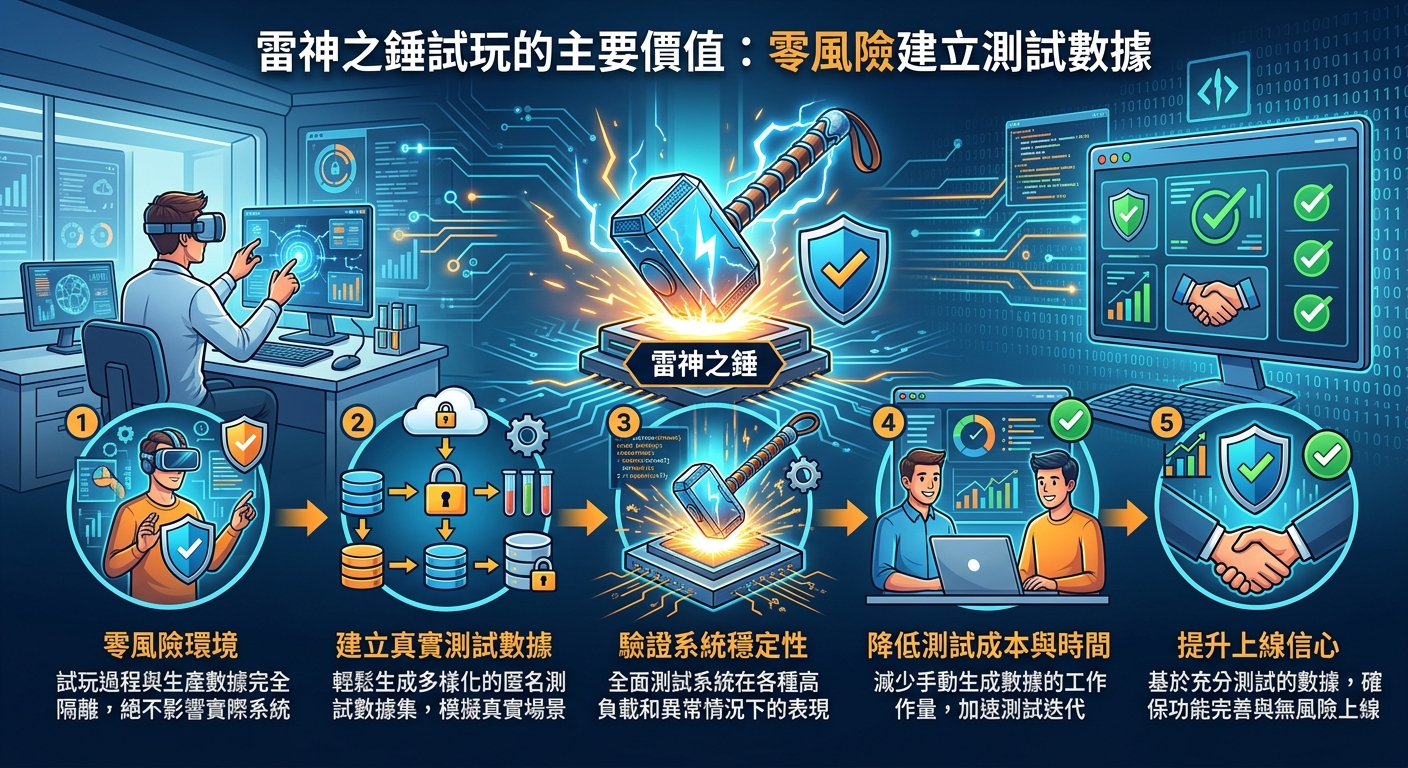 這張圖片以科技感為主題,展示了「雷神之錘」試玩環境在零風險情況下建立真實測試數據與驗證系統穩定性的完整流程。 畫面透過藍色調的數據圖表、電路元素與象徵力量的雷神之錘,傳達出高效、安全且能提升上線信心的專業測試價值。