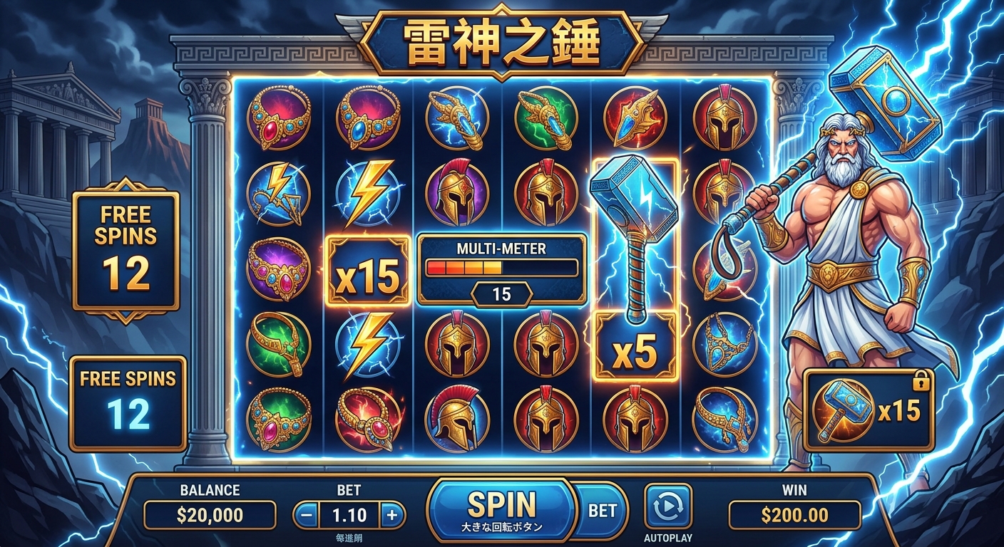 這張圖片為熱門老虎機遊戲《雷神之錘》的介面示意圖,畫面展現出充滿閃電能量與古希臘神殿風格的氣勢背景。 遊戲盤面上排列著精緻的法器、符文與乘數符號,右側立有手持雷霆重鎚的神祇,極具視覺震撼力與遊戲臨場感。