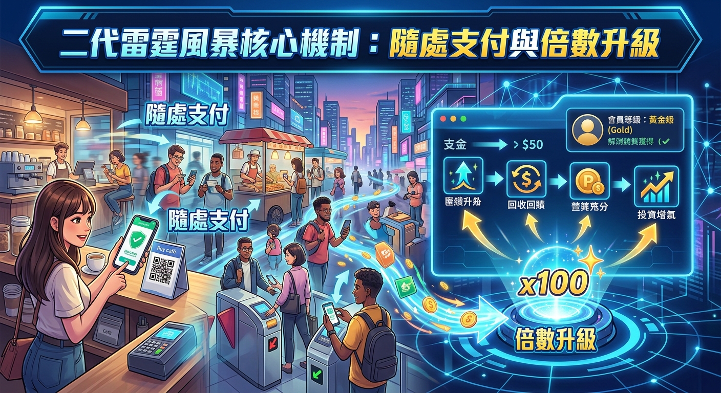 這幅圖像是以充滿科技感的動態藍色為背景,展示了「二代雷霆風暴」的核心機制概念。 左側呈現人們在日常生活中使用手機進行「隨處支付」的場景,右側則搭配數值與等級暴增的視覺特效,生動展現「倍數升級」帶來的強大效果。