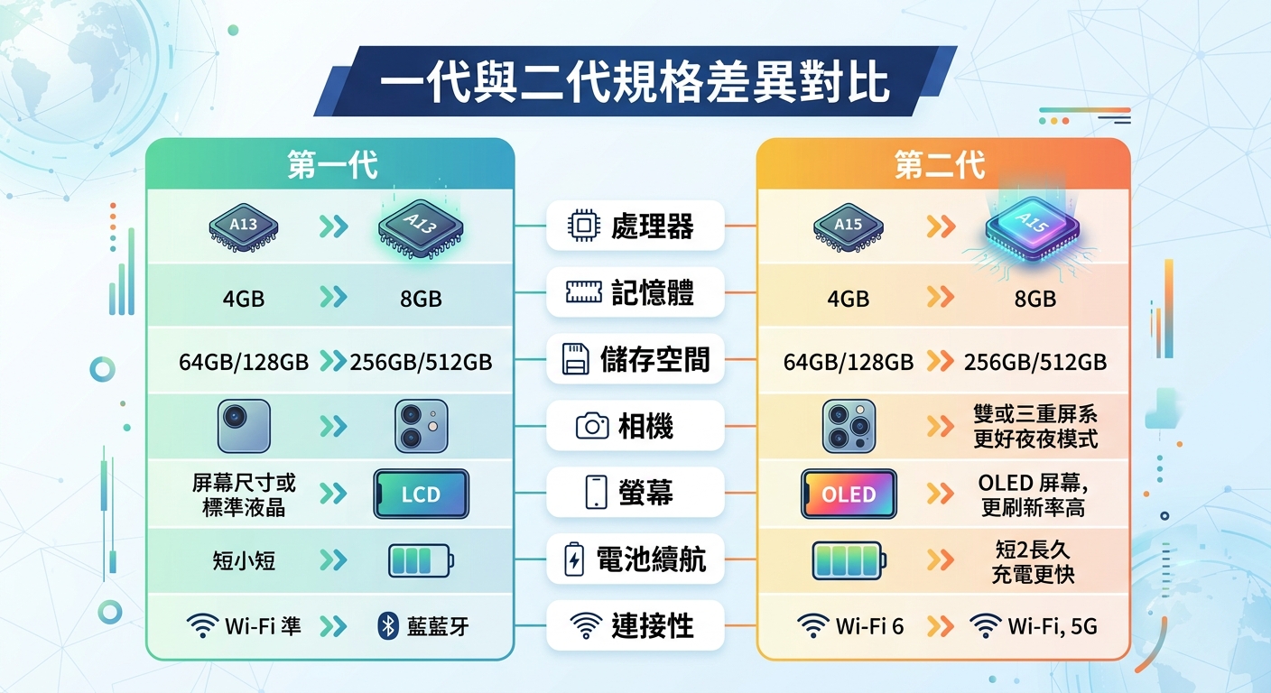這是一張科技風格的規格對比圖,上方設有藍底白字標題「一代與二代規格差異對比」。 畫面中央以左右分欄搭配圖示與文字,簡潔呈現兩代產品在處理器、螢幕與電池等核心規格上的升級差異。
