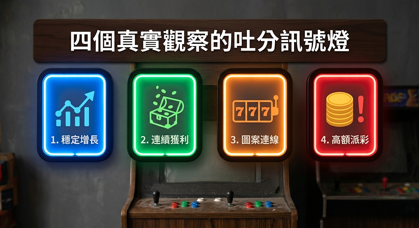 這張圖片以復古遊戲機為背景，頂部木牌上標有標題「四個真實觀察的吐分訊號燈」。 下方排列著四個霓虹燈框，分別以藍、綠、黃、紅色彩與圖示，呈現出四種不同的獲利訊號。