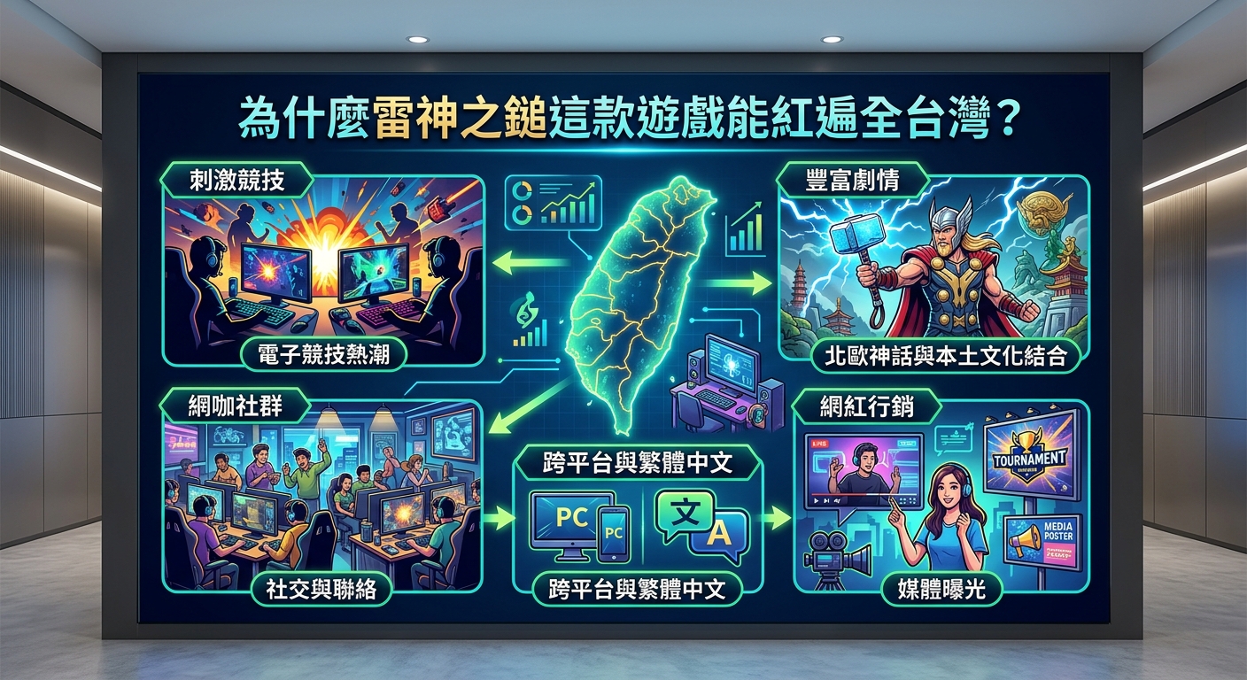 這張圖片是一幅以「為什麼雷神之鎚這款遊戲能紅遍全台灣?」為題的動態資訊圖表,中心為發光的台灣地圖。 四周圍繞著電競熱潮、網咖社群、跨平台支援及媒體宣傳等四大視覺區塊,清晰展現該遊戲在台灣迅速崛起的關鍵原因。