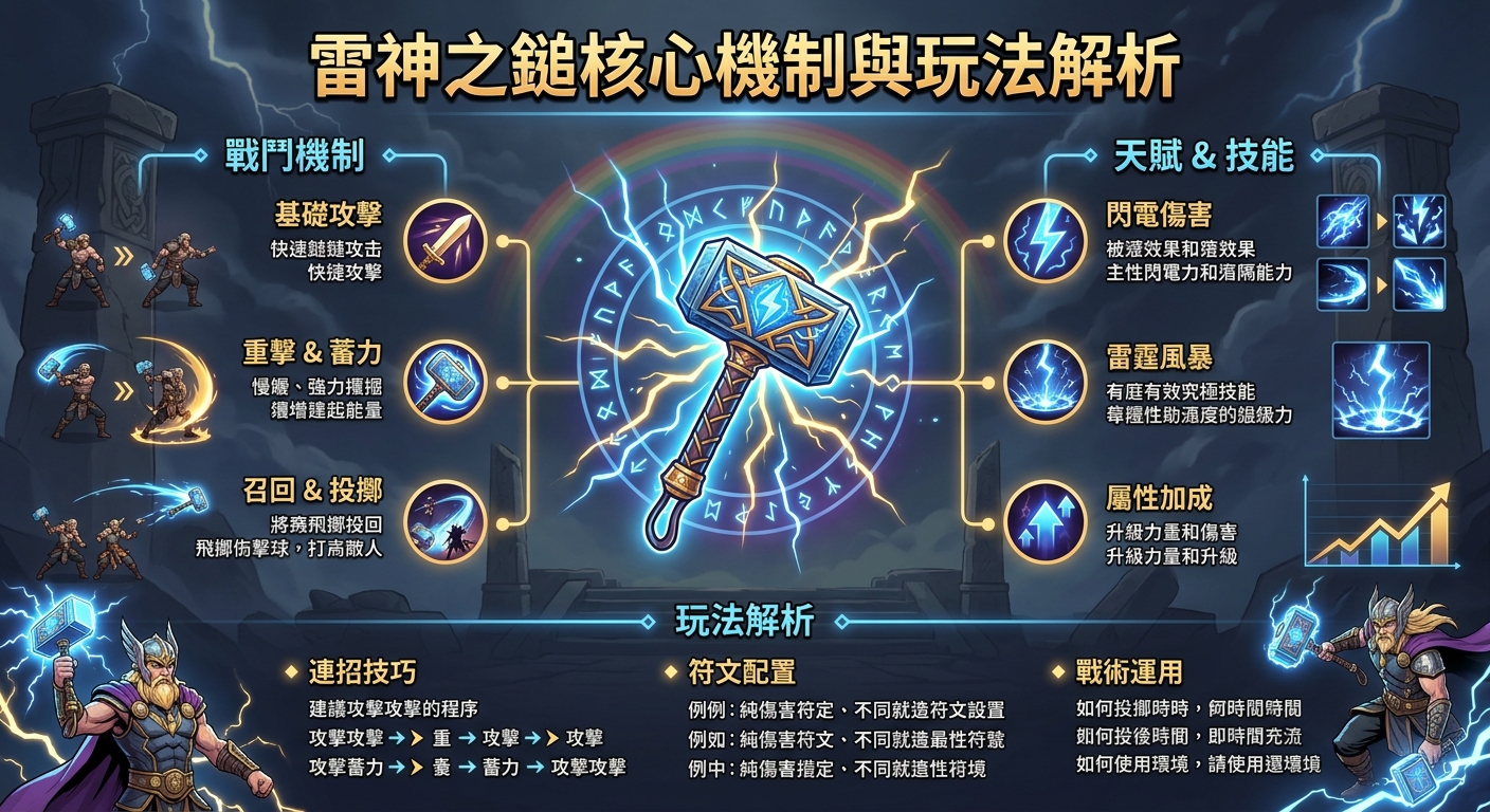 這是一張介紹雷神之鎚遊戲機制的資訊圖表,中央繪有發光的符文神鎚,上方標示著「雷神之鎚核心機制與玩法解析」的繁體中文標題。 畫面左右兩側與下方以圖標與線條劃分出「戰鬥機制」、「天賦 & 技能」以及「玩法解析」三大區塊,並輔以多個角色動作與圖表進行示範說明。