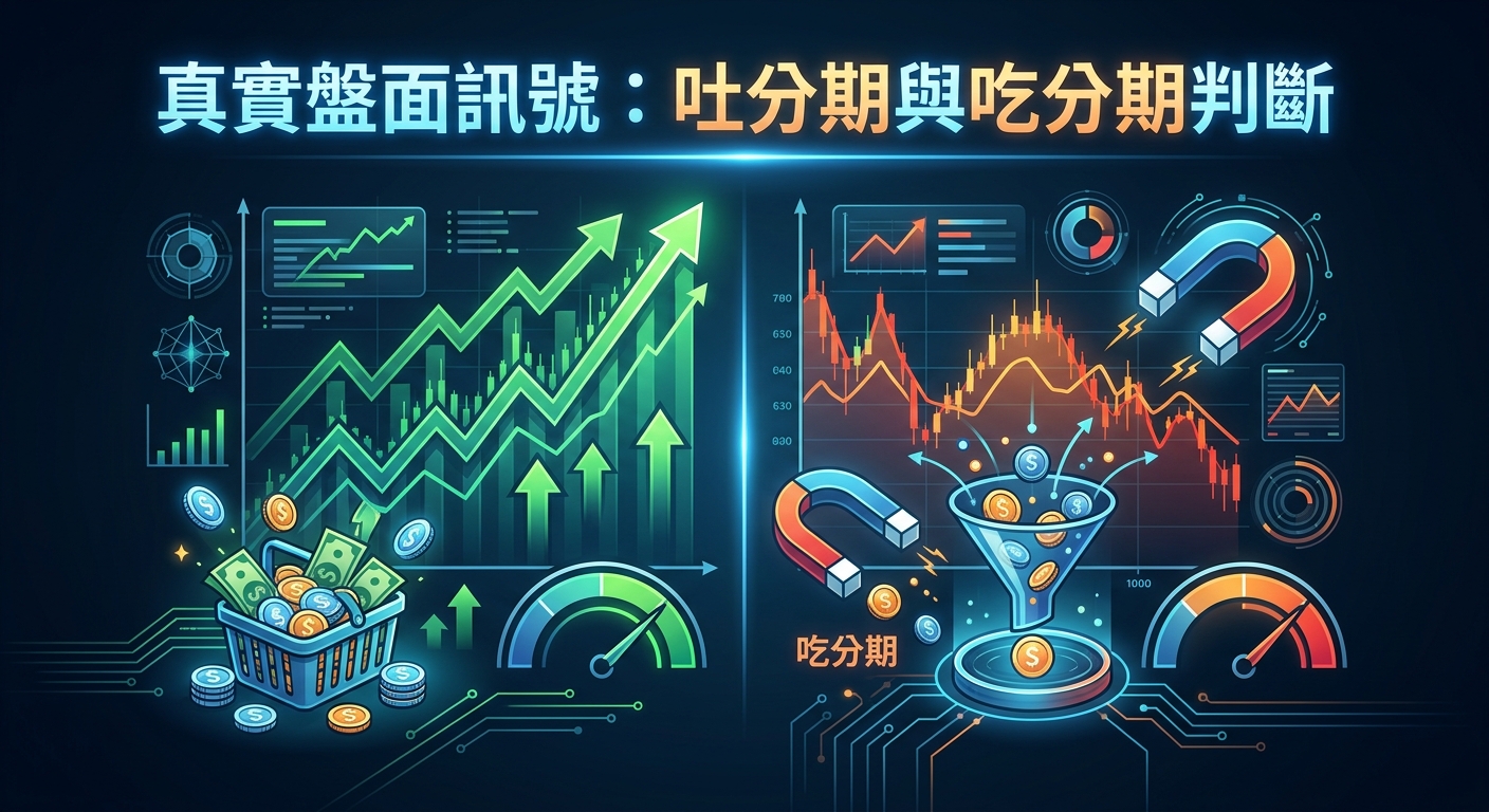 這張圖片展示了真實盤面訊號的分析,左側代表「吐分期」,以綠色上升趨勢圖與滿載的金幣象徵收益釋放。 右側代表「吃分期」,以紅色下降曲線、漏斗與磁鐵象徵資金回收與風險控制。