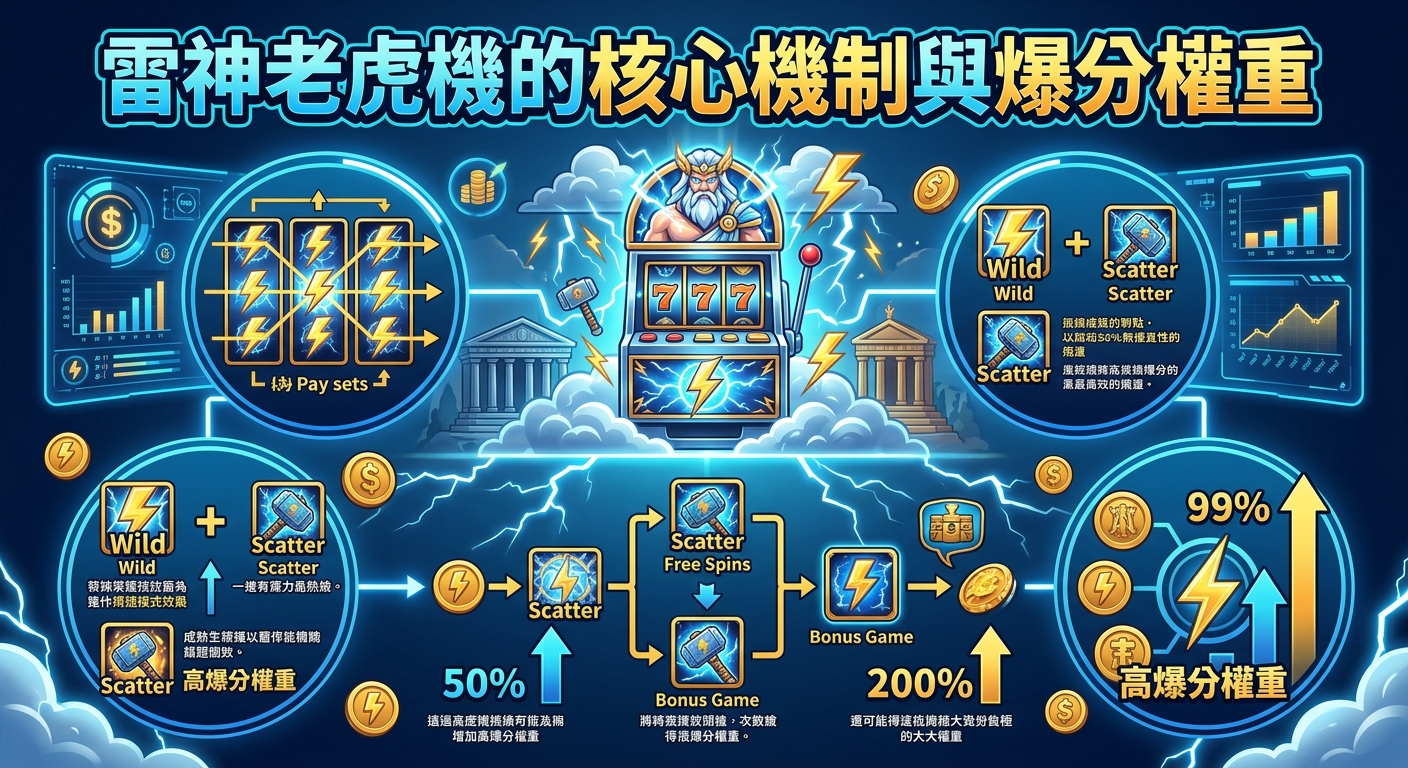 這張圖以科技感與雷神元素為主題,展示了雷神老虎機的核心機制與高爆分權重的分析圖解。 畫面中央包含大型老虎機與數據圖表,並透過圖標與箭頭清楚說明 Wild、Scatter 及免費遊戲的觸發流程。