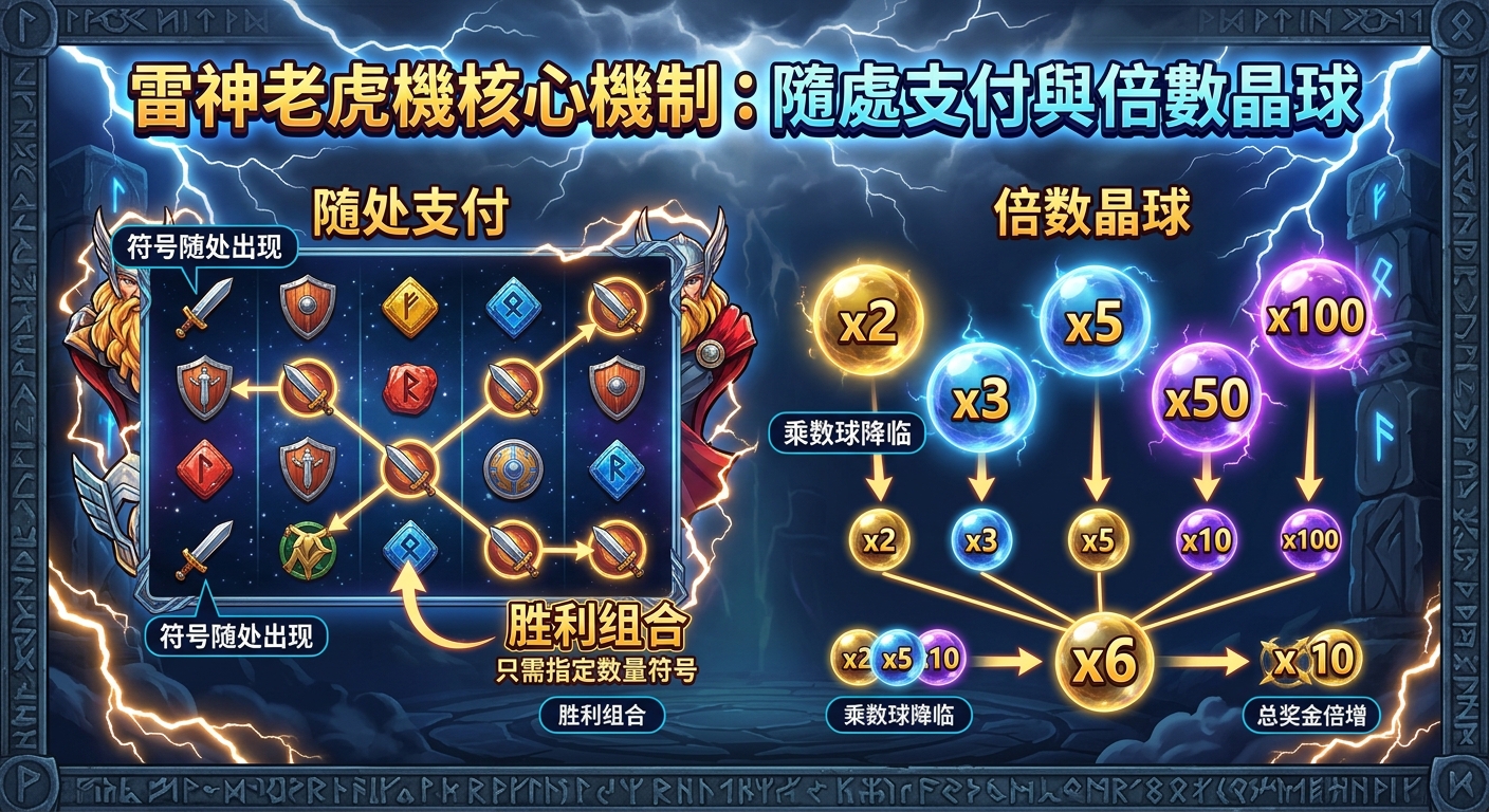 這張圖片展示了雷神老虎機的核心機制,左側以閃電與符文框架呈現「隨處支付」的符號連線規則。 右側則以發光的能量晶球與倍數箭頭,生動解析「倍數晶球」如何加總並大幅提升最終獎金。