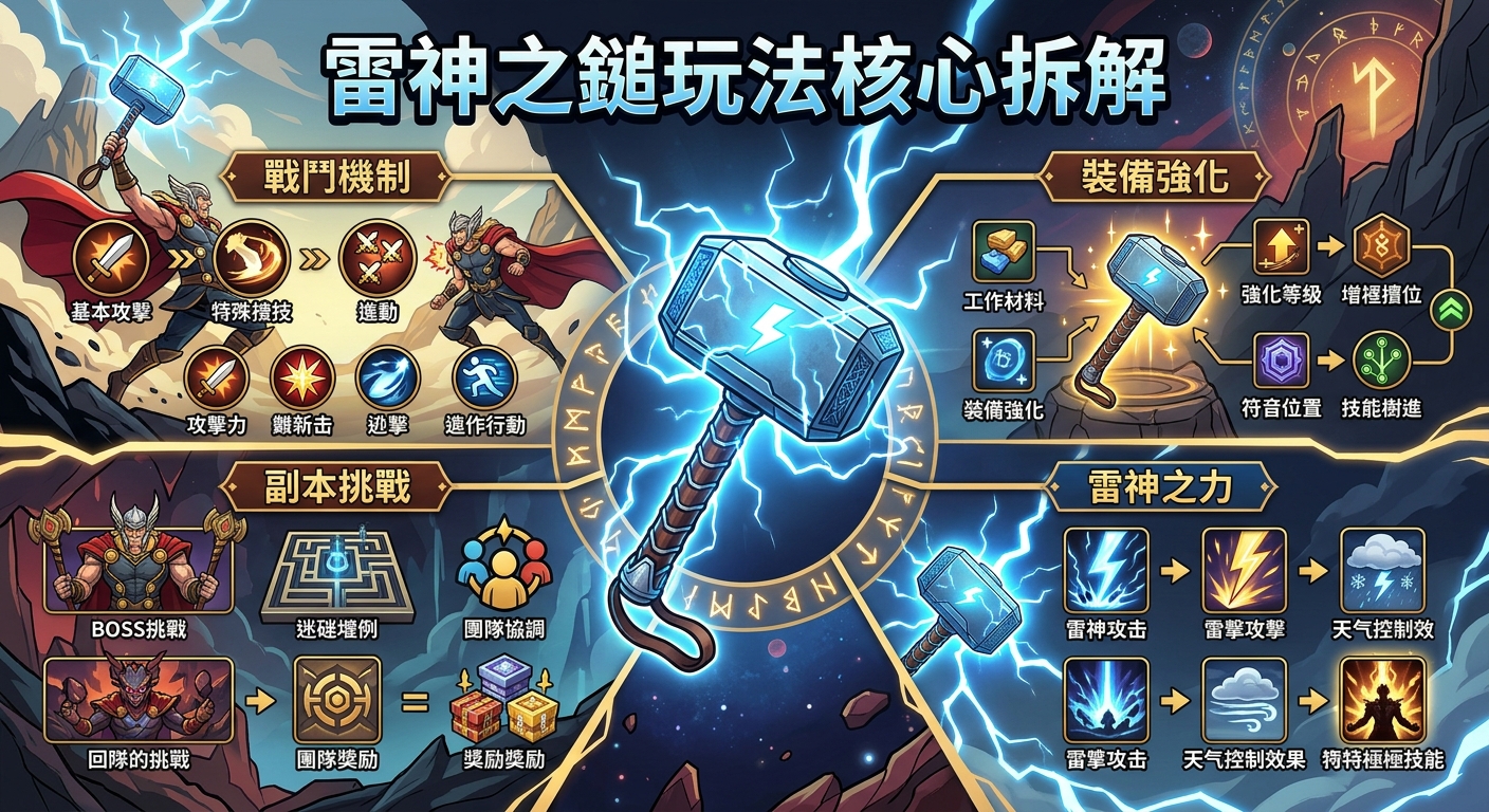 這張圖是以「雷神之鎚玩法核心拆解」為主題的遊戲機制分析圖，中央擺放著閃耀著藍色電光的雷神之鎚。 整體採用電競風格的介面設計，圍繞著核心圖示劃分出戰鬥機制、裝備強化、副本挑戰與雷神之力等四大核心模組。