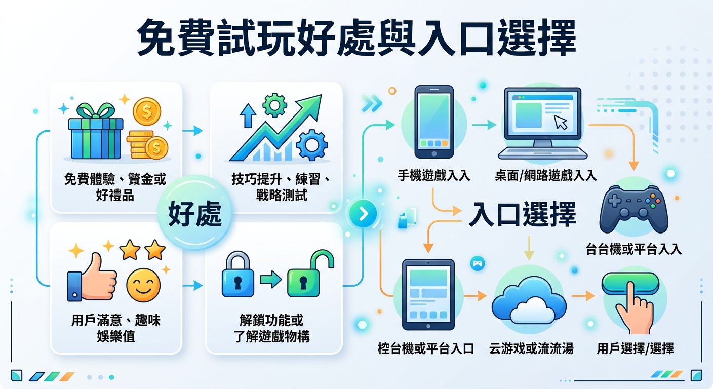 一張採用現代扁平化風格的資訊圖表，以藍白色調呈現「免費試玩好處與入口選擇」主題。 圖中結合了手機、電腦、遊戲手把與禮物等圖示，清晰展示不同平台入口與免費體驗的優勢。