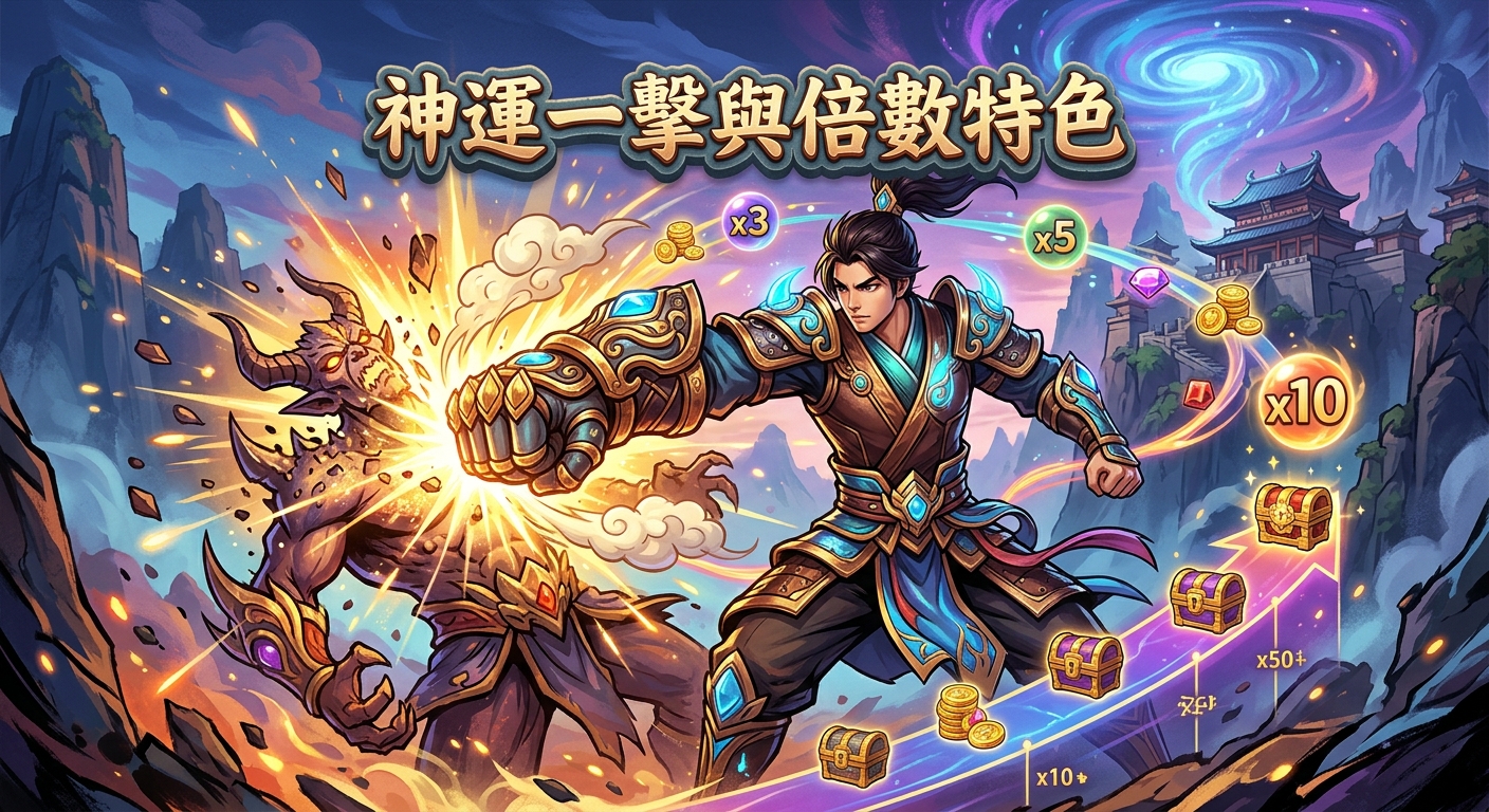 這張圖片展示了一位英雄以充滿爆發力的金光重拳擊中魔物,呈現「神運一擊」的震撼場面。 背景融合了古典仙俠山水與炫目的倍數獎勵符號,完美凸顯遊戲中豐富的倍率特色與連擊快感。