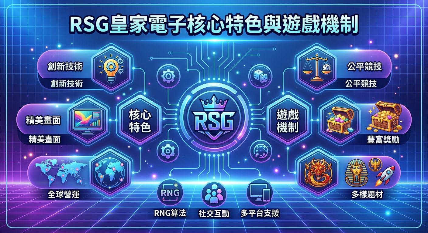 這張圖片採用充滿科技感的霓虹風格，展示「RSG皇家電子」的核心特色與遊戲機制。 畫面中央為品牌標誌，周圍環繞著圖標與清晰的標題文字，視覺結構明亮且具現代感。