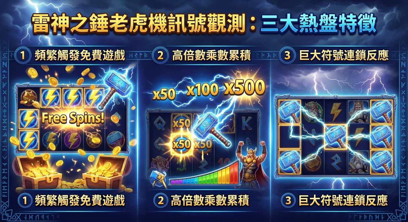 一張以藍色雷電與北歐神話為背景的圖解，頂部展示標題「雷神之錘老虎機訊號觀測：三大熱盤特徵」。 畫面分為三格欄位，分別以圖文配合老虎機介面，清楚呈現「頻繁觸發免費遊戲」、「高倍數乘數累積」與「巨大符號連鎖反應」三大特徵。