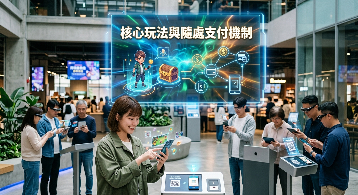 這張圖片展示了一群人在現代科技空間中使用手機與擴增實境(AR)互動,主題聚焦於遊戲化體驗與數位支付。 上方懸浮著藍色科技光芒的標題框,明確標示著「核心玩法與隨處支付機制」的主題文字。