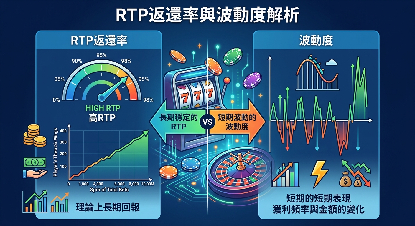 這幅資訊圖表以深藍色科技感為背景,頂部標題為「RTP返還率與波動度解析」,詳細展示了博弈與老虎機的核心機制。 左側透過儀表板與長期趨勢圖說明理論回報率(RTP),右側則結合高低起伏的波形圖與閃電圖示,直觀呈現短期獲利頻率與金額變化的波動度概念。