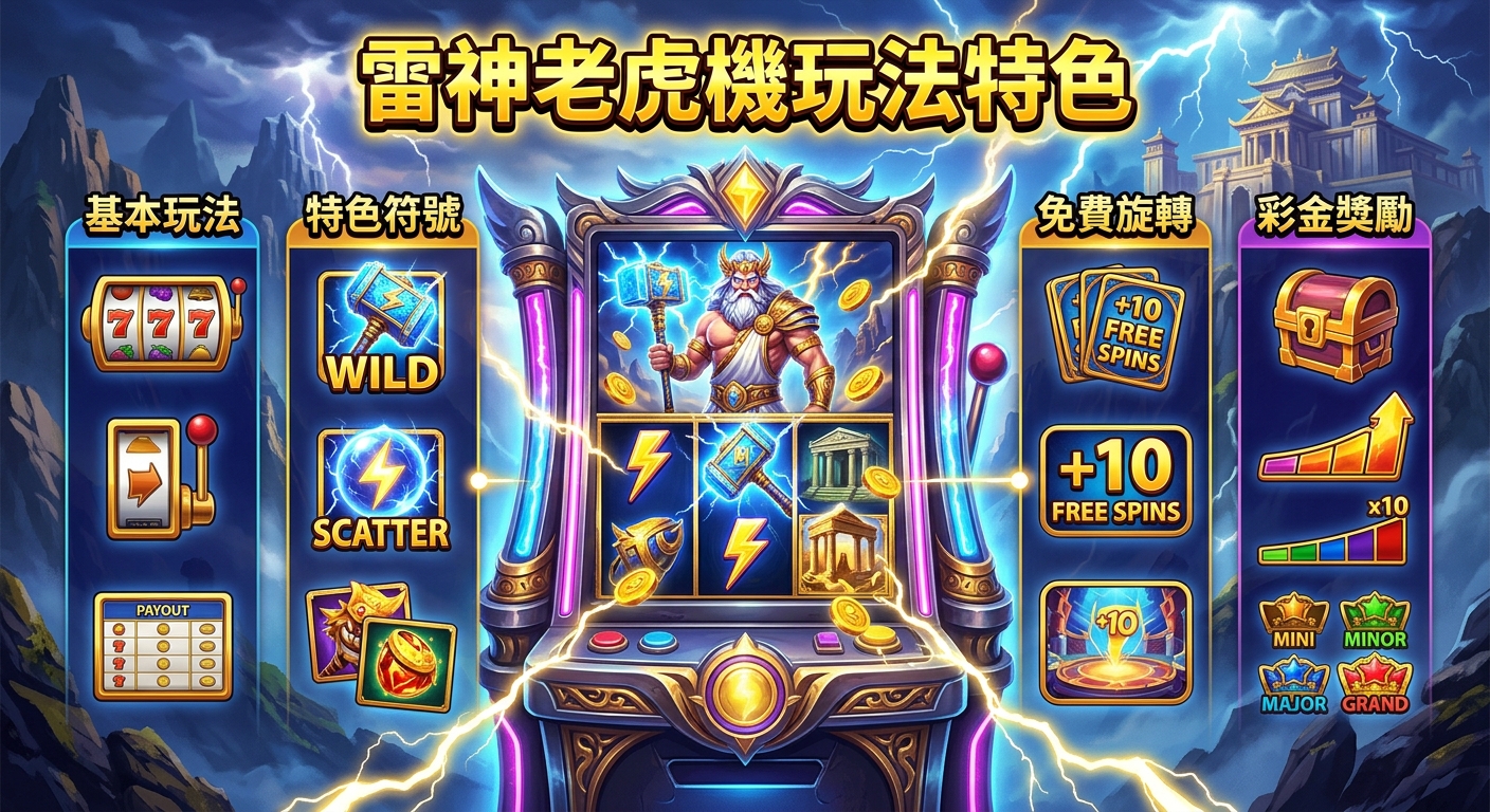 這幅插圖以雷神為主題，展現一款充滿閃電與冒險色彩的經典老虎機遊戲畫面。 畫面中詳細呈現了基本玩法、特色符號、免費旋轉機制與彩金獎勵等核心特色內容。