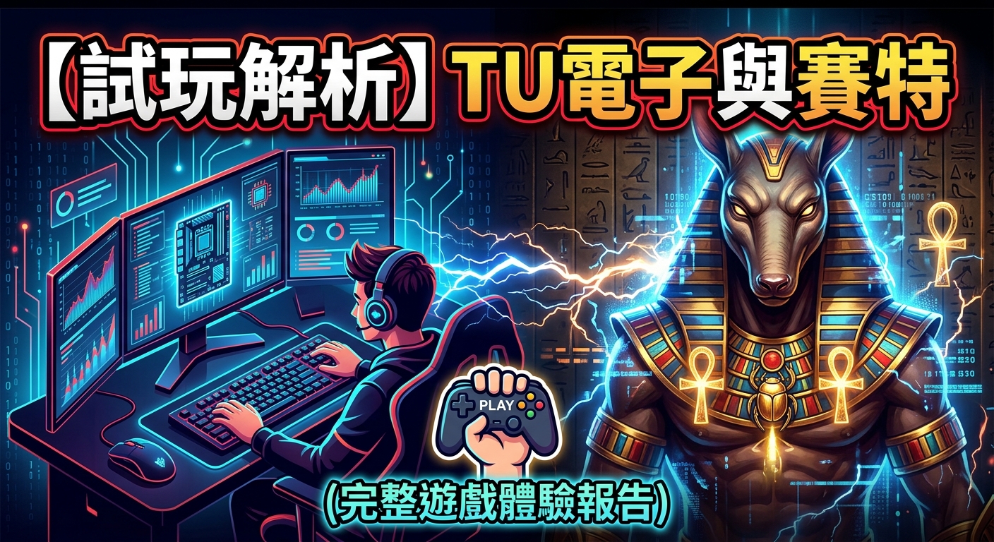 這是一張融合現代電子遊戲與古埃及風格的宣傳圖,左側展示玩家在多螢幕前的操作畫面,右側為埃及神祇賽特的經典形象。 圖片上方帶有醒目的繁體中文標題「【試玩解析】TU電子與賽特」,突顯遊戲體驗與深度分析的主題 content。